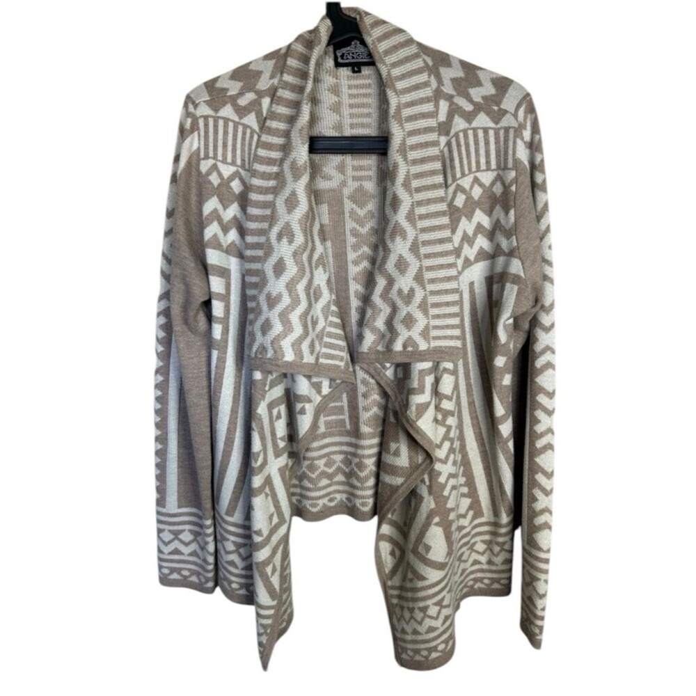 Angie Beige and Cream Aztec Print Open Front Wool-blend Cardigan L